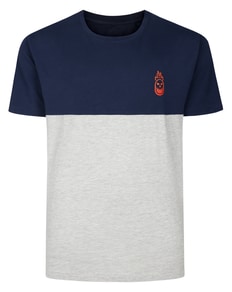 Bigdude Flaming Skull Cut And Sew T-Shirt Navy Light Grey Marl